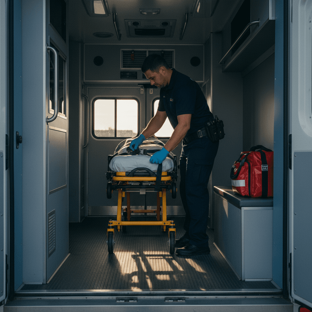 EMT securing patient stretcher in ambulance bay