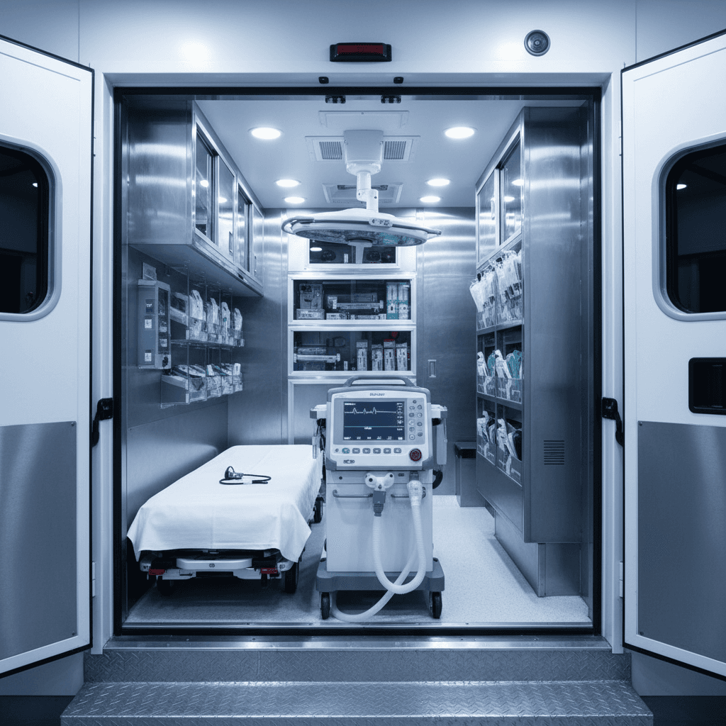 Critical care ambulance interior with ventilator and equipment