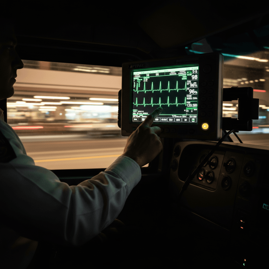 Paramedic programming cardiac monitor in moving ambulance