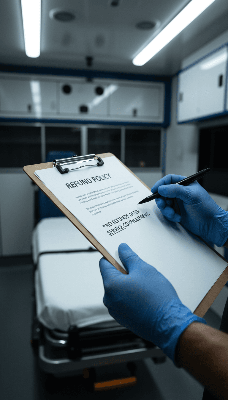 Paramedic holding a refund policy clipboard