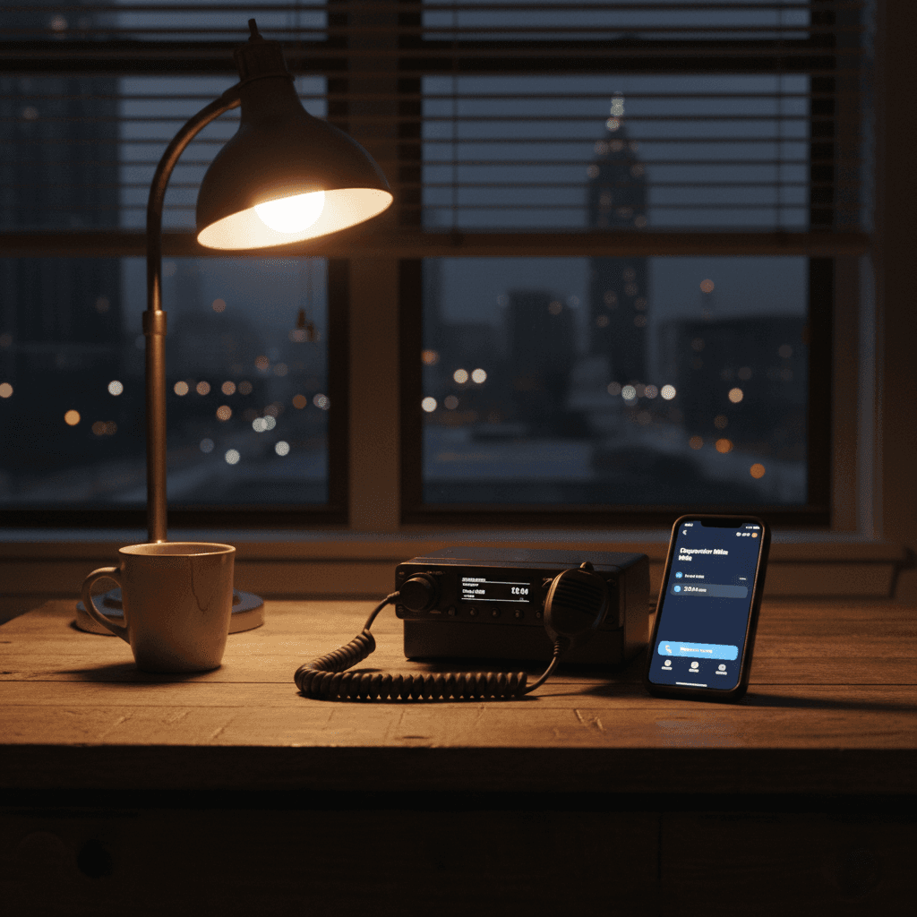 Dispatch radio and phone on desk at night