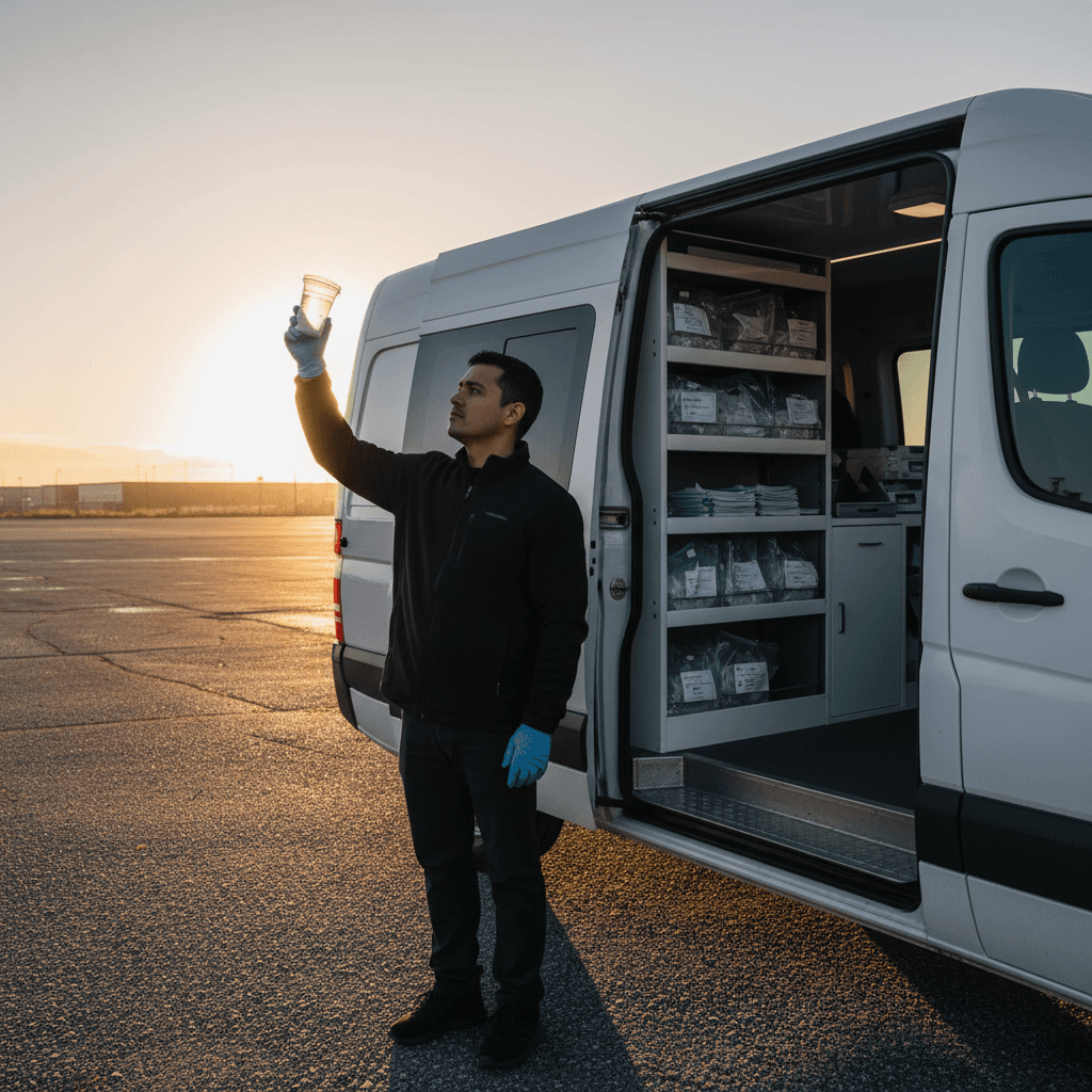 Mobile drug testing van with technician at dawn