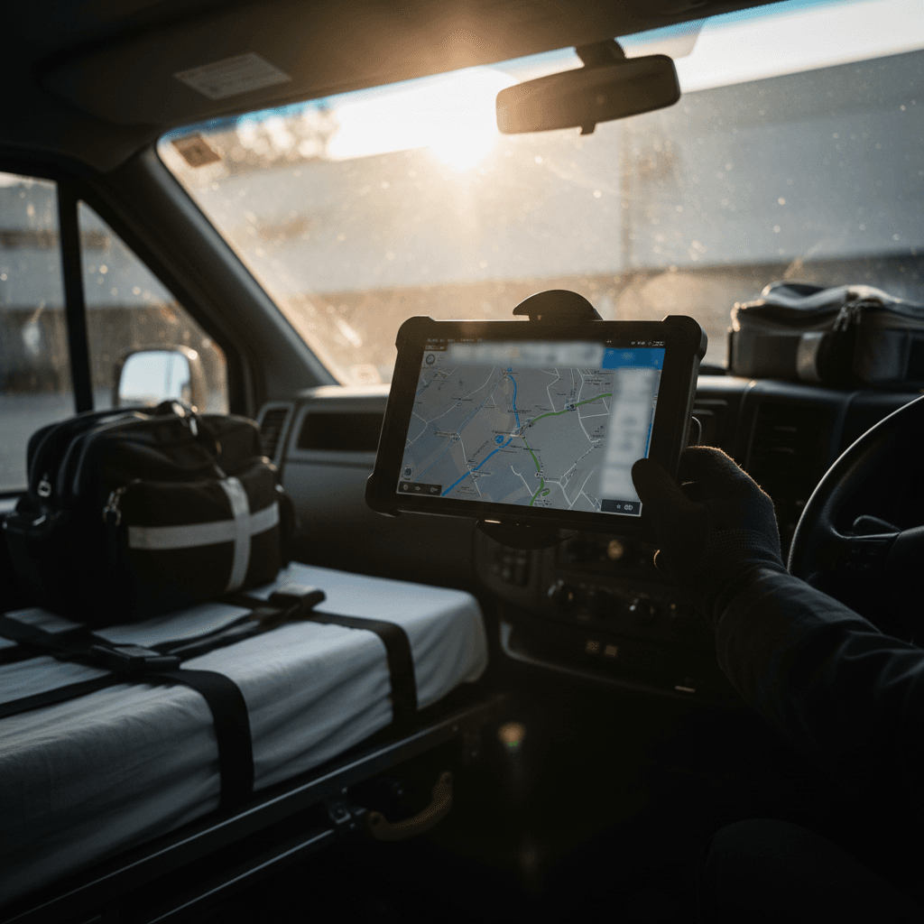 GPS tablet showing a transport route inside an emergency vehicle