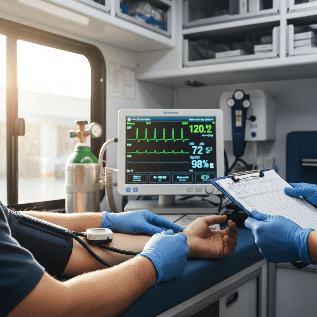 Paramedic monitoring vital signs during patient transport