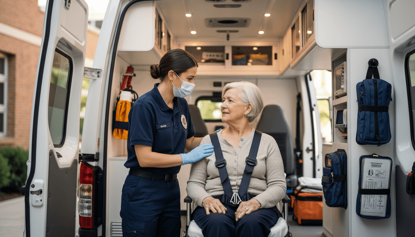 Paramedic securing patient stretcher in ambulance