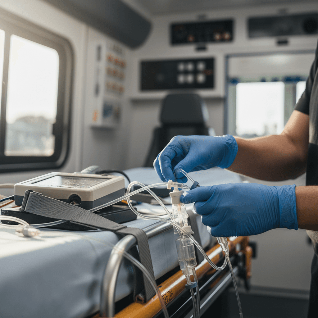 Paramedic reviewing patient documentation